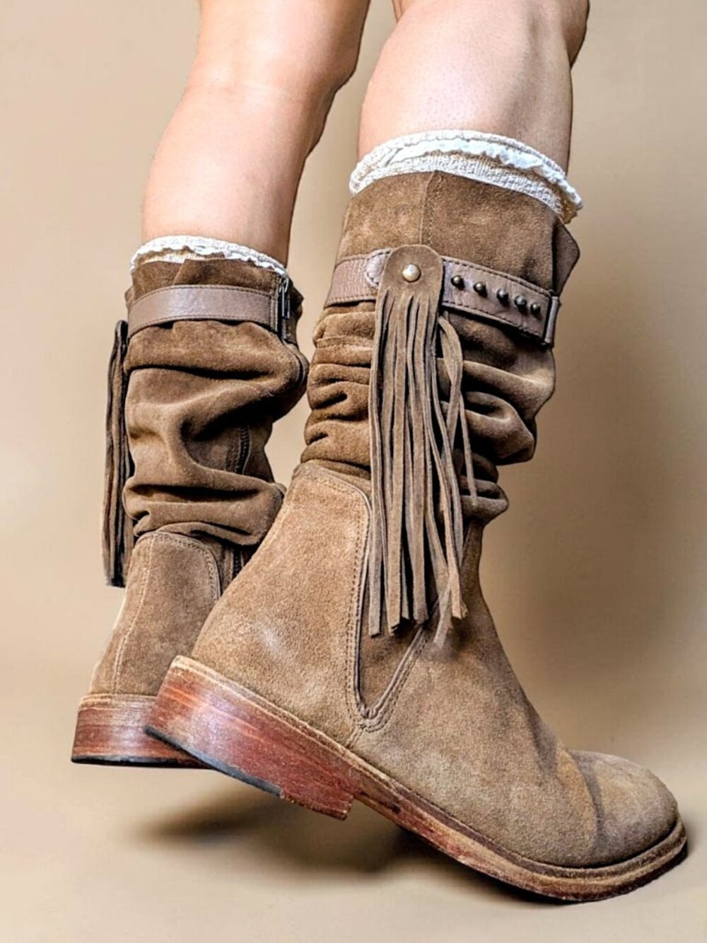 Free People Sayre brown leather suede fairy boho distress fringed boots 38/39 EU